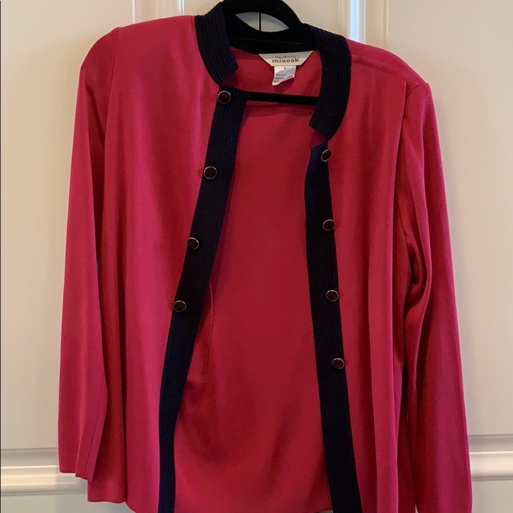 Misook pink with blue sweater cardigan
